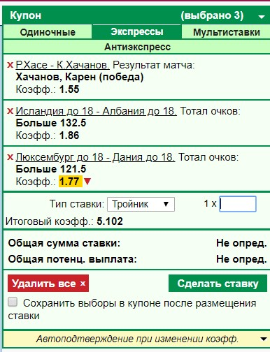 Скрин купона букмекера